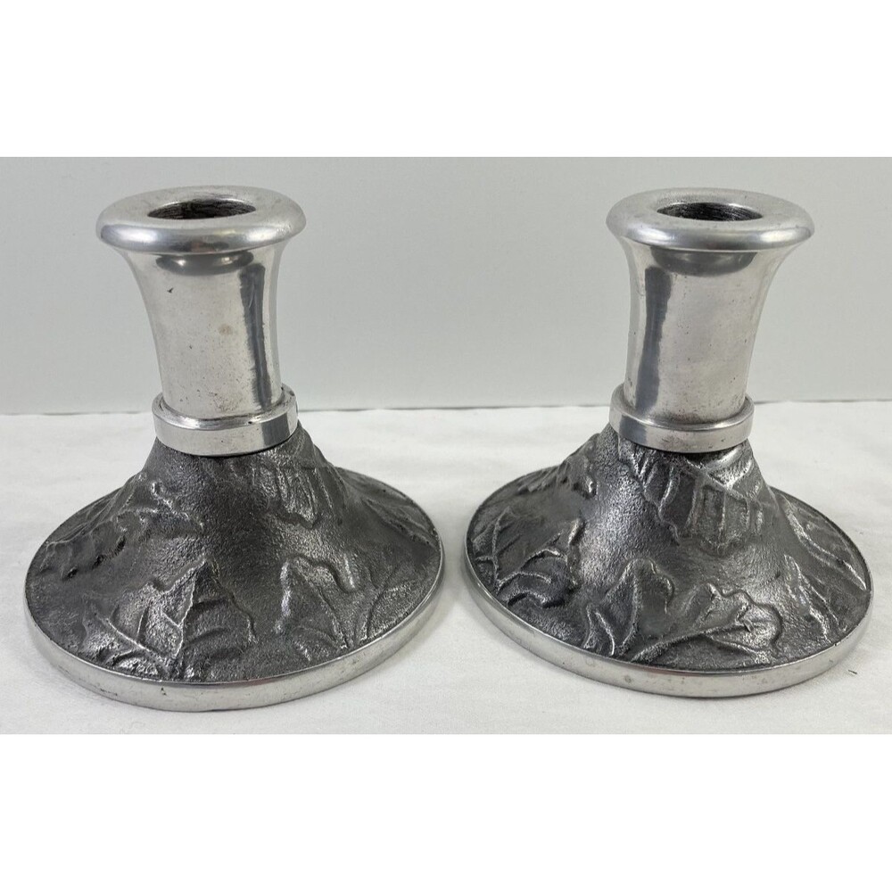 Dansk Aluminum Embossed Leaves Candlesticks 4" Set of 2 Candle Holder India